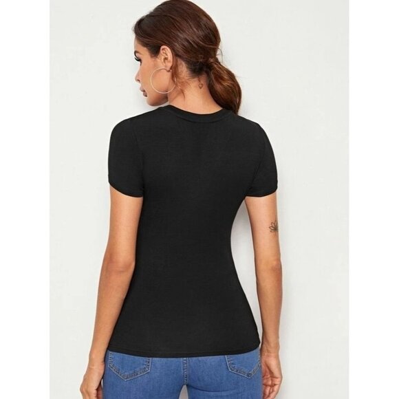SHEIN Essnce Short Sleeve Solid Tee Size S Color Black - Picture 2 of 4